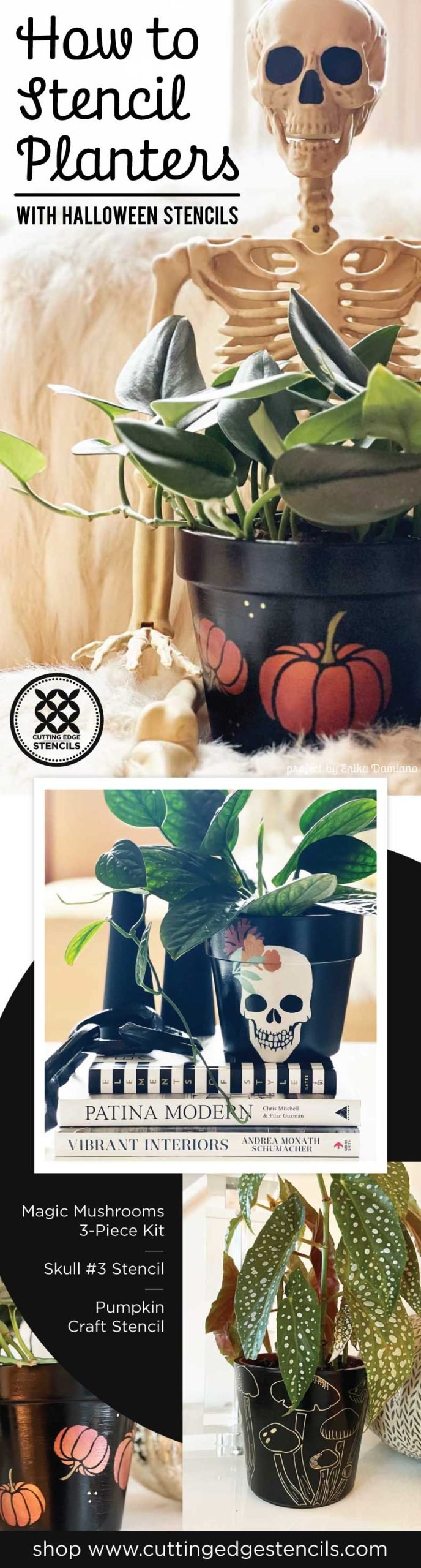 pumpkin stenciled planter with halloween stencils