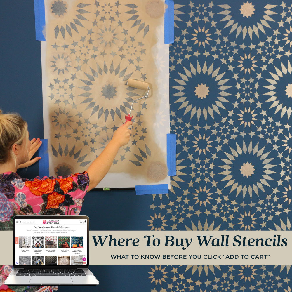 Where to buy Wall Stencils graphic featuring an in-progress metallic stenciled wall