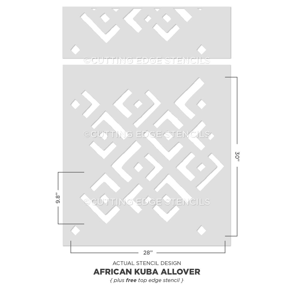 African Kuba Allover stencil with dimensions on a white background