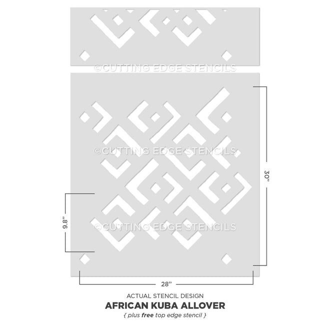 African Kuba Allover stencil with dimensions on a white background