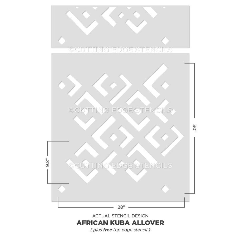 African Kuba Allover stencil with dimensions on a white background