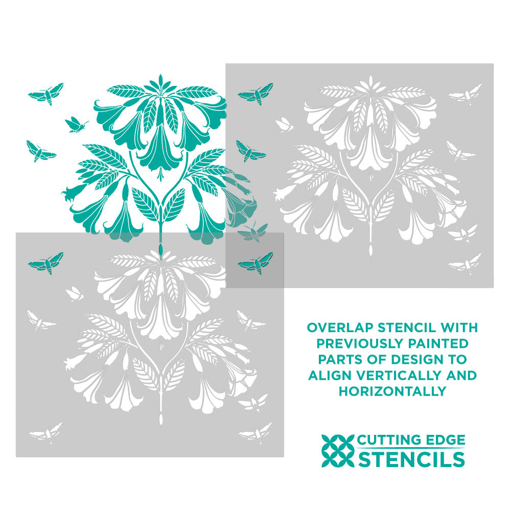Floral design stencil with Cutting Edge Stencils logo on a gray background