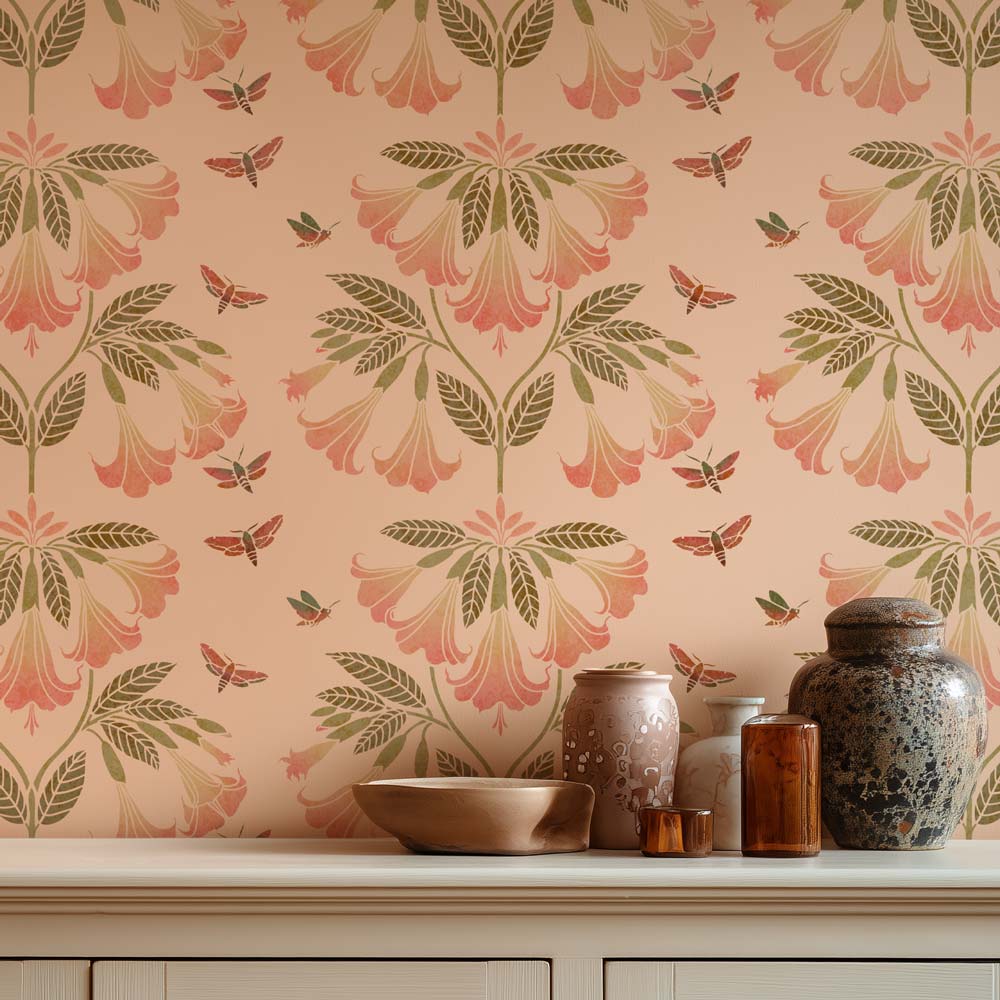 Decorative wallpaper with floral and butterfly pattern, featuring ceramic vases and bowls on a shelf.