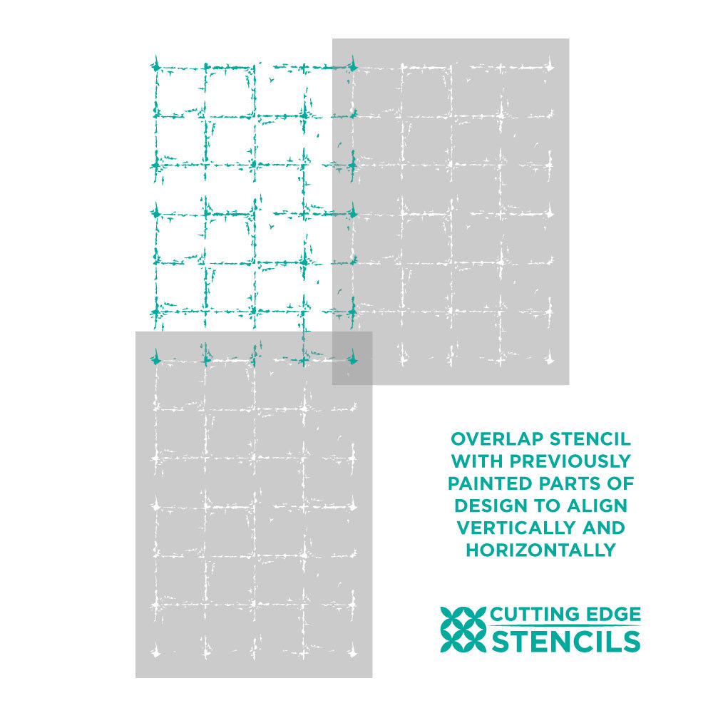 Antique Gold Leaf stencil with instructions for alignment on a white background, featuring the brand 'Cutting Edge Stencils'.