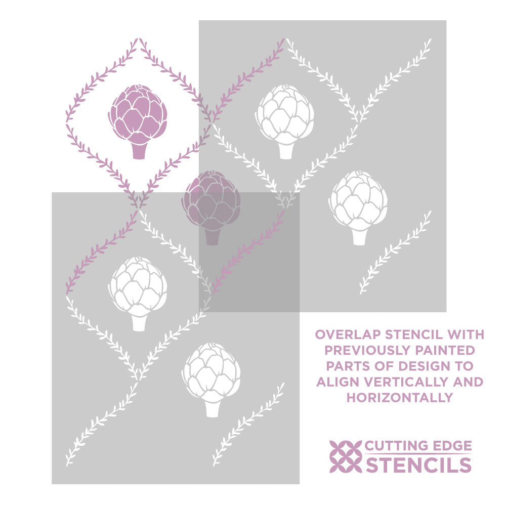 Overlap stencil with artichoke design on a gray background, featuring Cutting Edge Stencils logo.