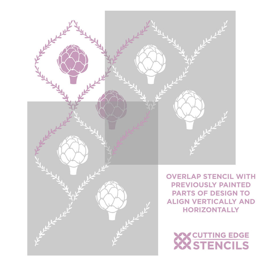Overlap stencil with artichoke design on a gray background, featuring Cutting Edge Stencils logo.