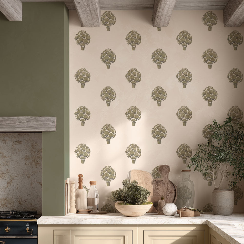 Kitchen with a decorative artichoke wall pattern, green decor items, and a plant.
