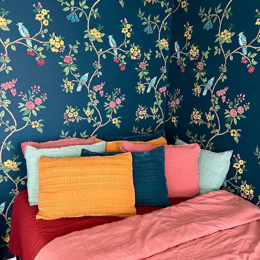 Colorful Chinoiserie Wall Stencil on Navy Blue