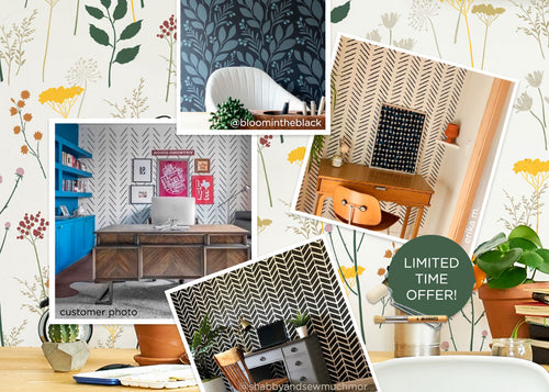 A collage of stenciled offices and styled interior room mockups on a floral-patterned background, including chevron, herringbone, and botanical designs.