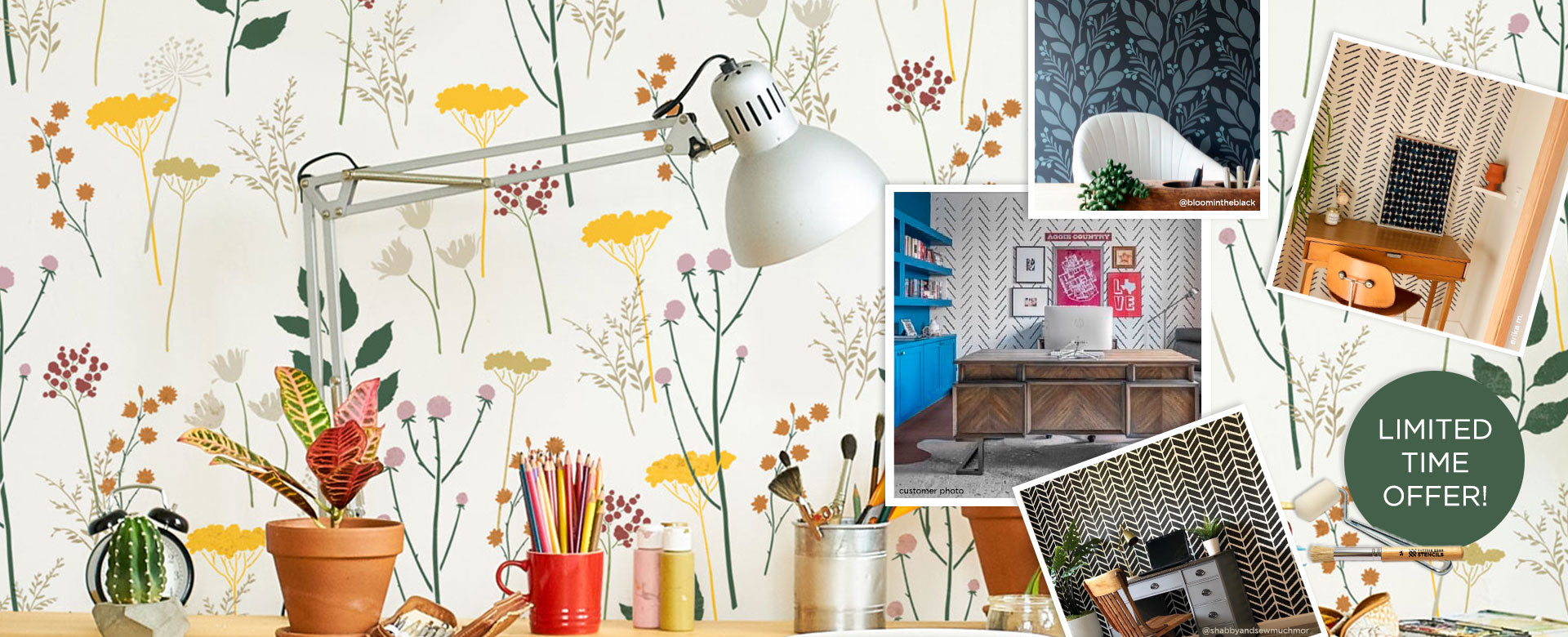 A collage-style promotional image featuring a floral stencil design as the main product. The stenciling has a white background with a dense pattern of wildflowers in yellow, pink, purple, green, and orange.