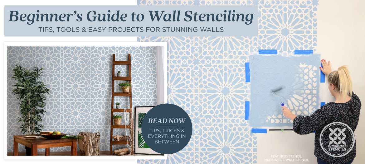 Woman applying wall stencil with text overlay about beginner's guide to wall stenciling.