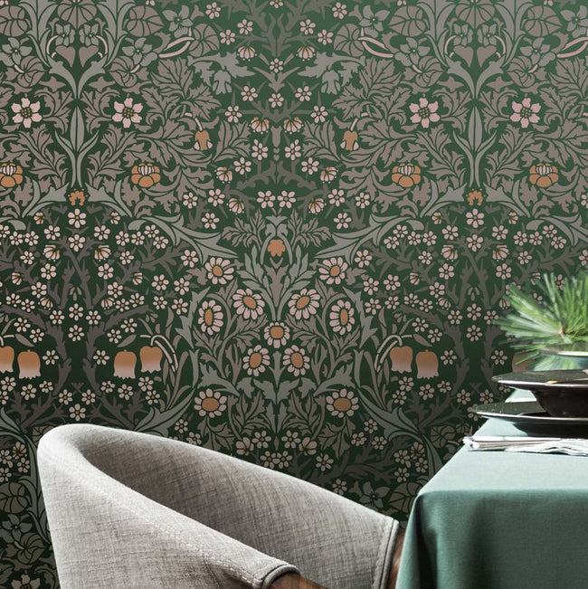 William Morris Blackthorn Vintage stencil pattern on a green wall