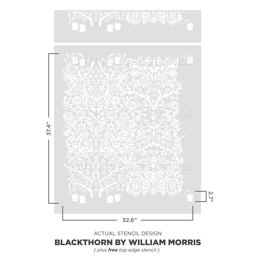 Stencil design labeled 'Blackthorn by William Morris' with dimensions on a white background