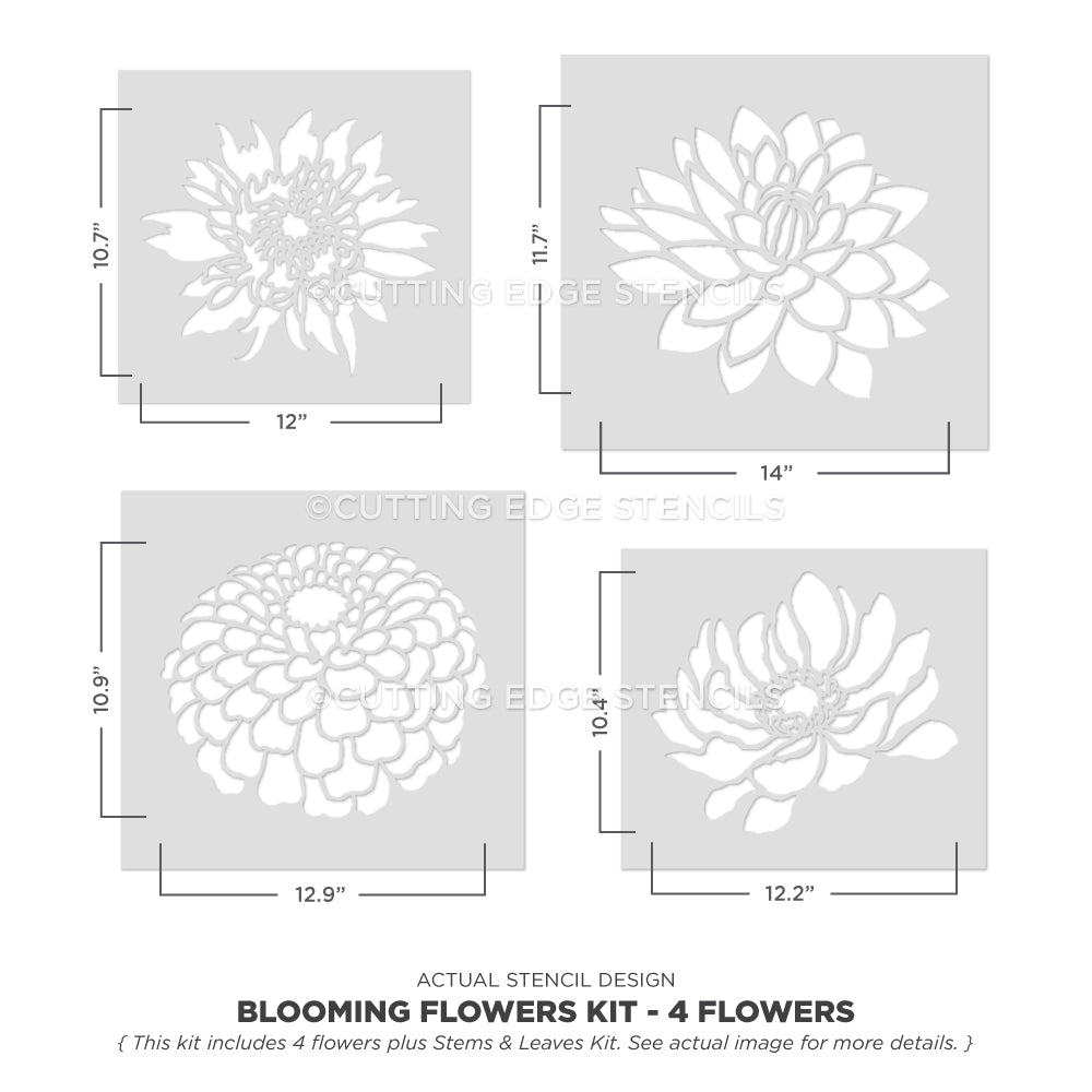 Blooming flowers kit with stencils and dimensions on a white background