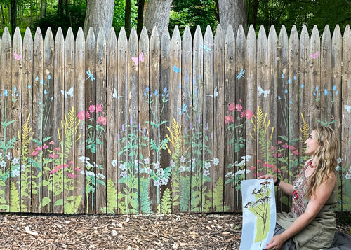 colorful floral garden fence mural with large flower stencils