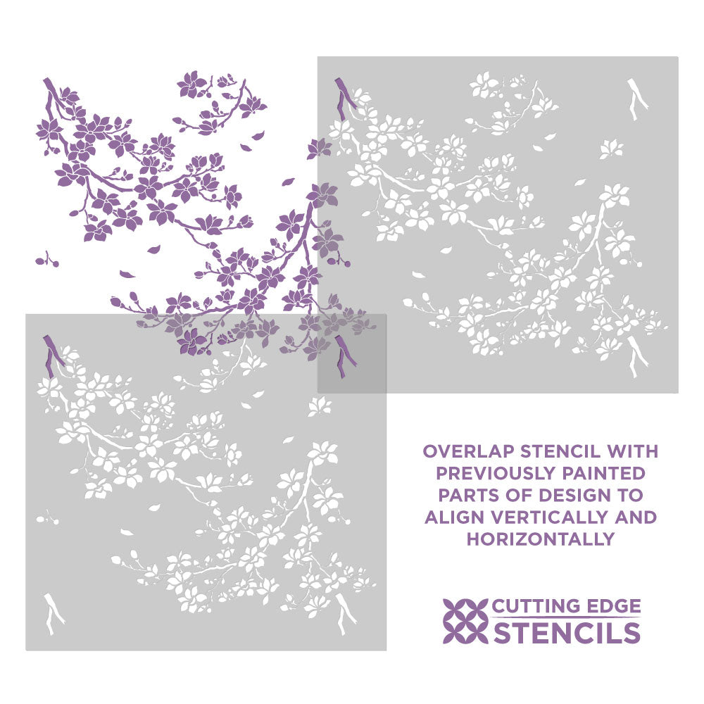 alignment graphic for the blossoming magnolia branches stencil from cutting edge stencils