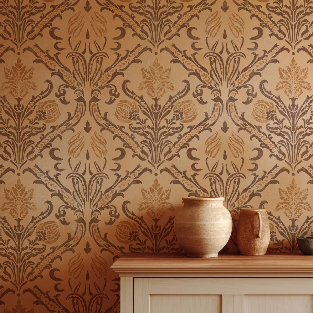Decorative stenciled wall with intricate patterns and two ceramic vases on a wooden surface.