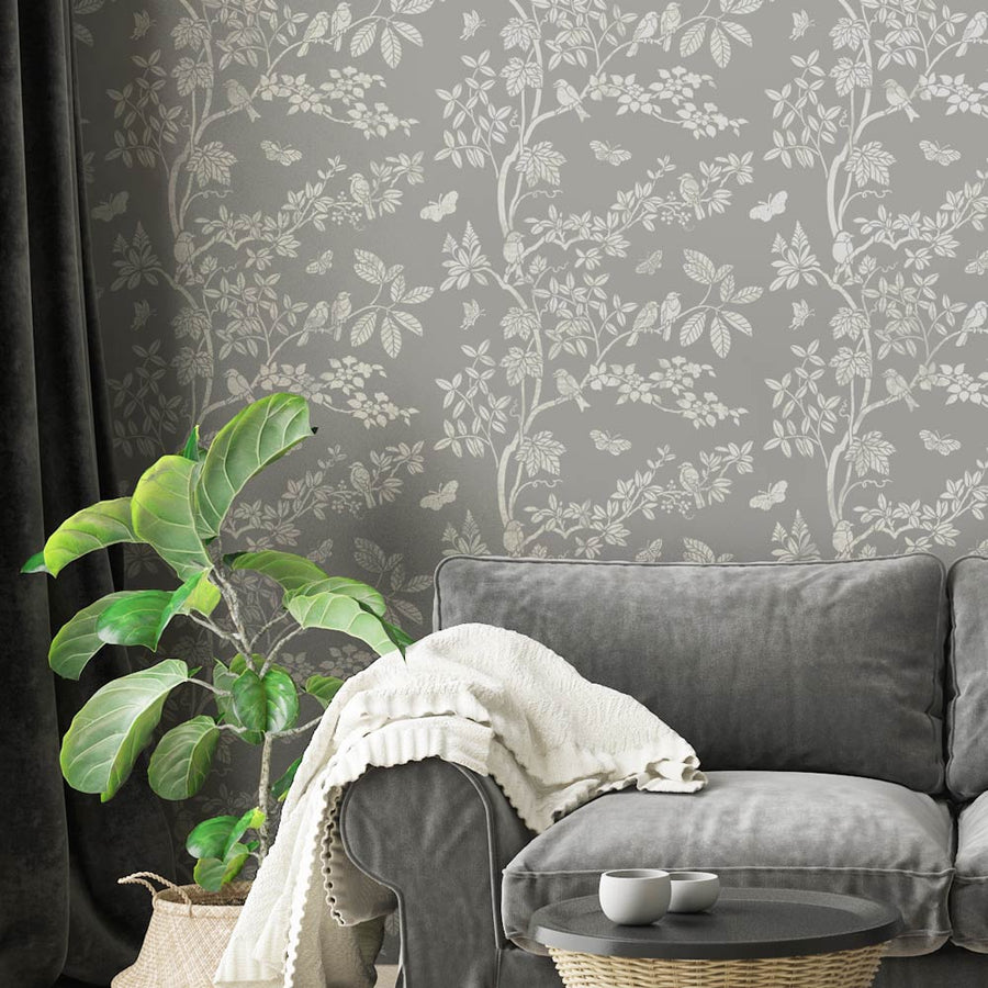 chinoiserie birds in the garden wall stencil in white on a gray wall
