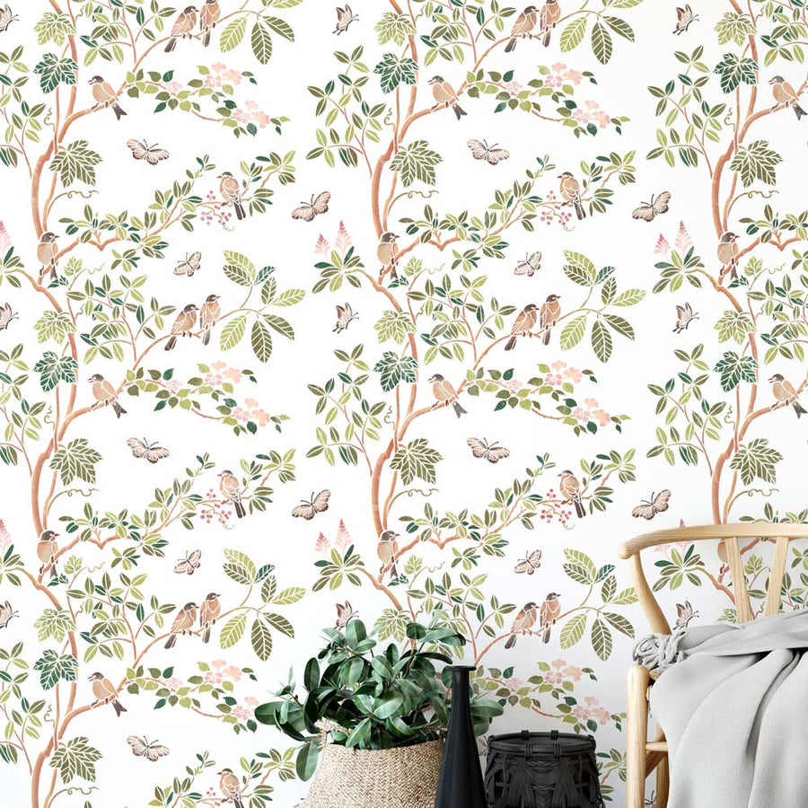 chinoiserie birds in the garden wall stencil 