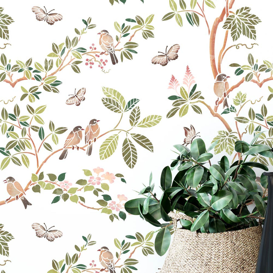 chinoiserie garden birds wall stencil