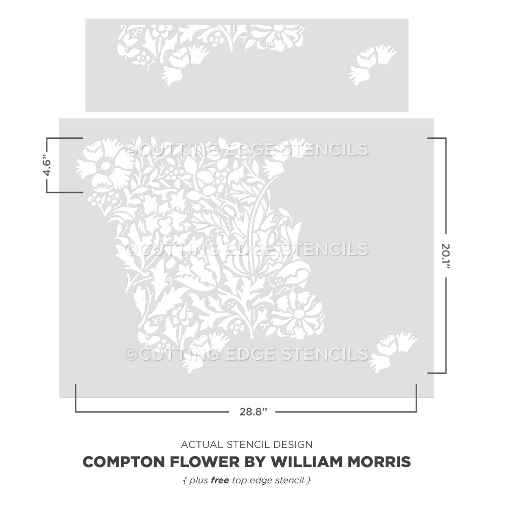 Compton Flower stencil by William Morris with dimensions on a gray background