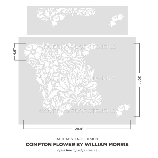 Compton Flower stencil by William Morris with dimensions on a gray background