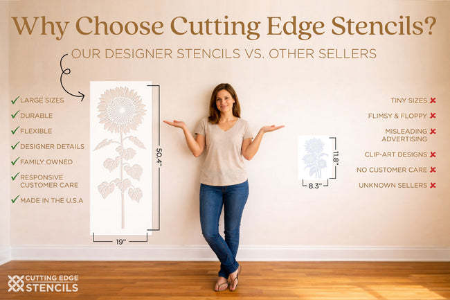 Woman standing next to a wall with a large stencil design, comparing Cutting Edge Stencils to other sellers.