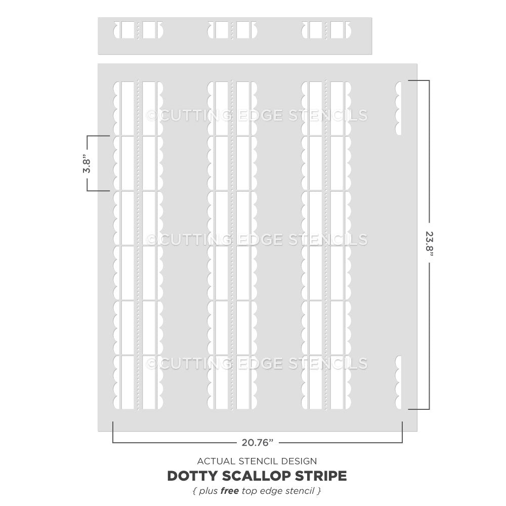 Dotty Scallop Stripe stencil with dimensions on a white background