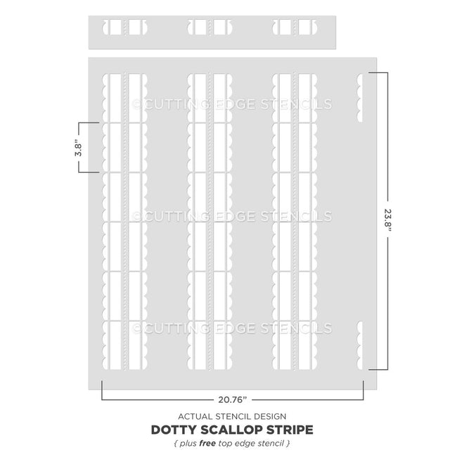 Dotty Scallop Stripe stencil with dimensions on a white background