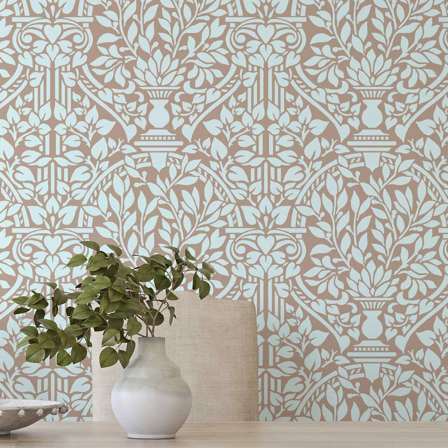 Earl West Damask Stencil on A Terracotta Colored Dining Room Wall