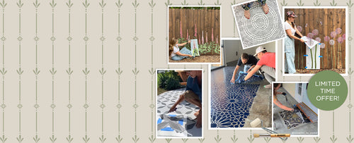 A collage of six photos showing people installing and using decorative mosaic tile stencils outdoors, alongside a beige patterned background and a green badge that reads 'LIMITED TIME OFFER!'