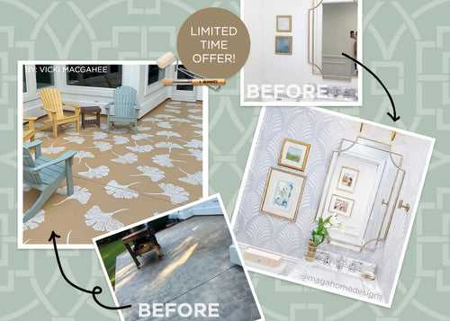 A collage-style promotional graphic showing interior design before-and-after stencil examples with the text 'LIMITED TIME OFFER!' and 'BEFORE' labels. The stencil designs include a tan leaf-patterned floor in a patio/living space, a white wall with gold-framed mirrors in a bathroom.