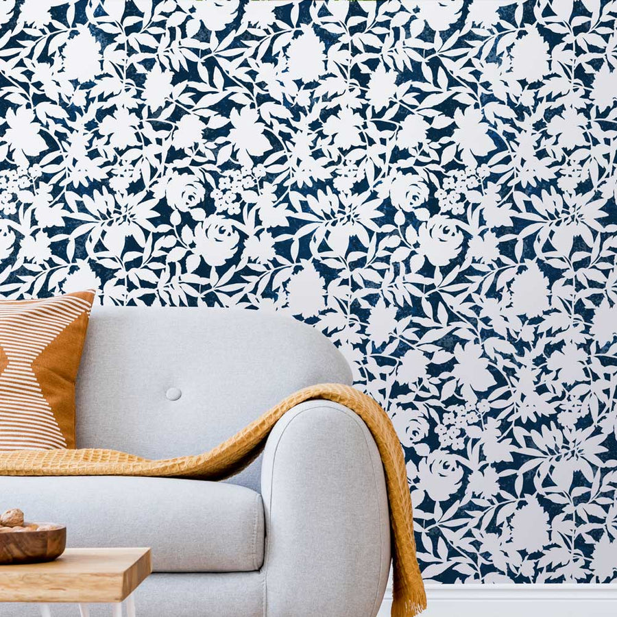floral dance wall stencil in navy blue