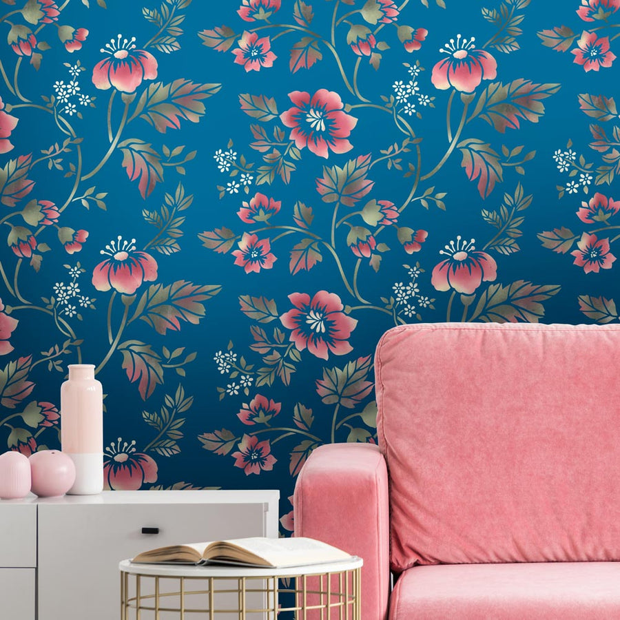 Floral Vine Wall Stencil in a colorful pink on a blue wall