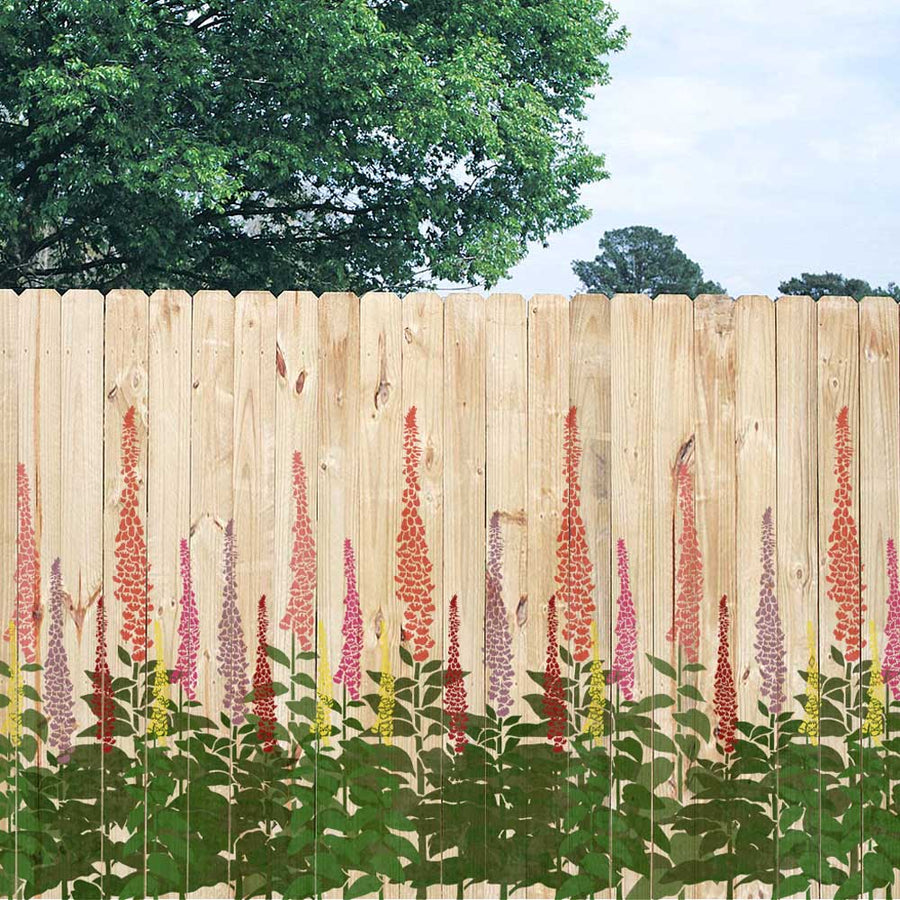 Foxgloves flower stencil on a garden fence