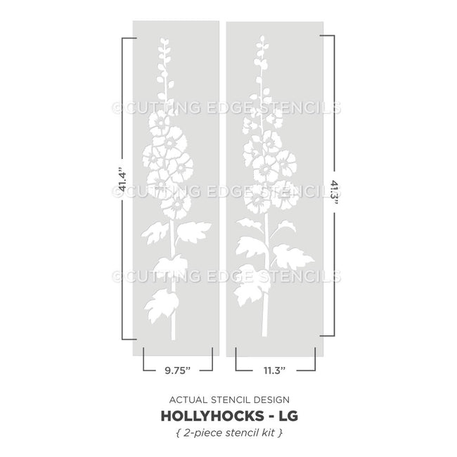 A stencil design diagram showing two tall rectangular stencil panels with white hollyhock flower silhouettes on a light gray background, labeled with dimensions 41.4 inches tall by 9.