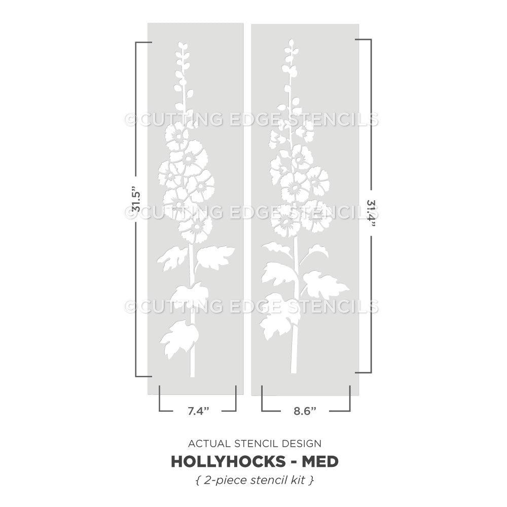 A stencil design diagram showing two tall rectangular stencil panels with white hollyhock flower silhouettes on a light gray background, labeled with dimensions 31.4 inches tall by 8.6.