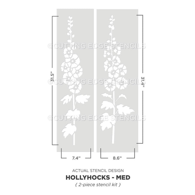 A stencil design diagram showing two tall rectangular stencil panels with white hollyhock flower silhouettes on a light gray background, labeled with dimensions 31.4 inches tall by 8.6.