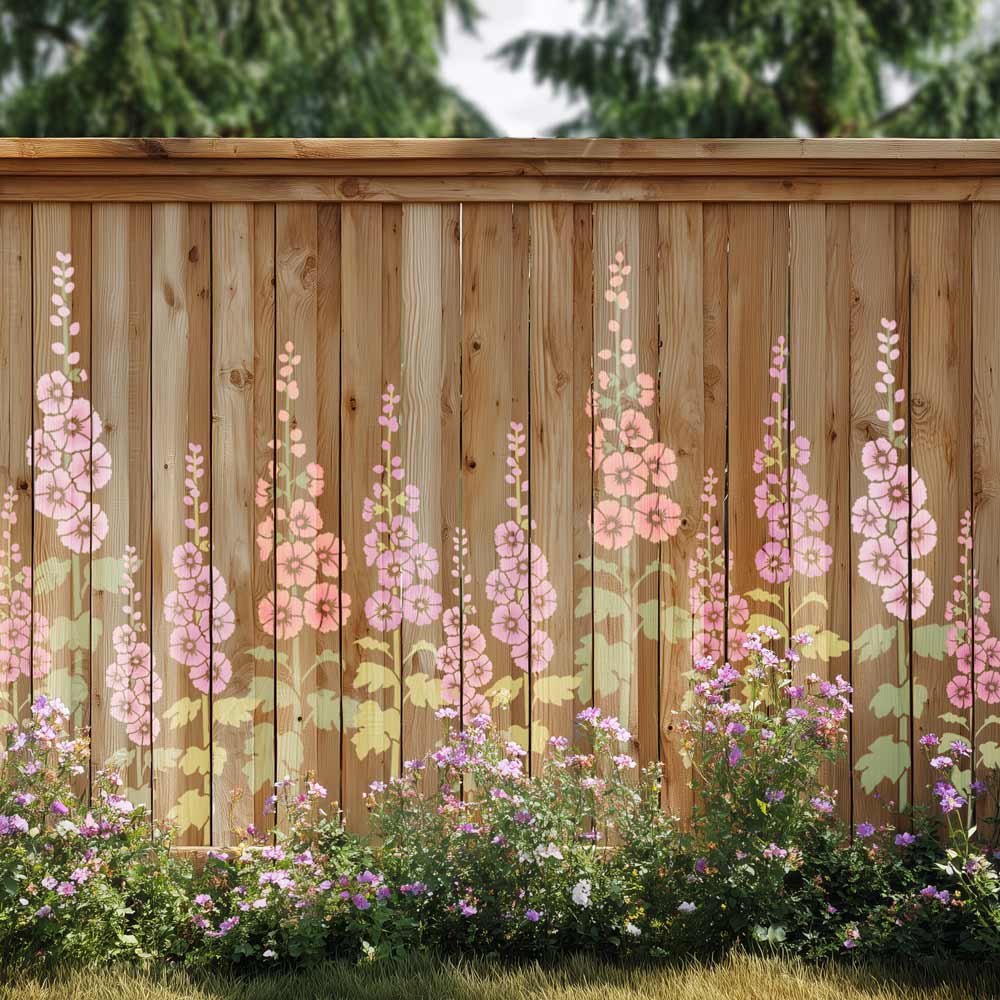 A wooden fence panel with a painted floral design featuring pink and peach flowers with green leaves, set in a garden with grass and trees in the background.