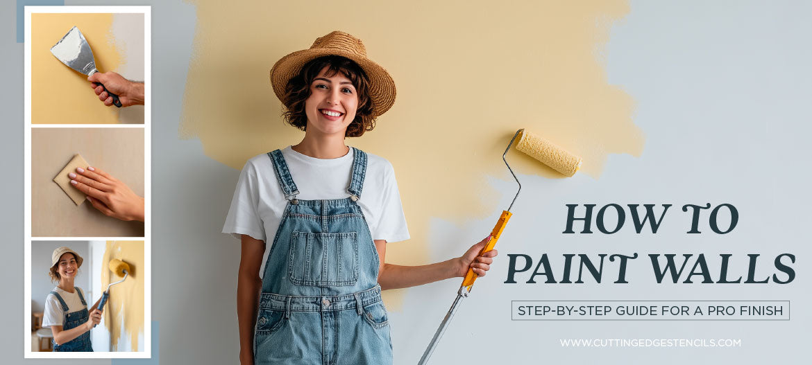 Woman painting a wall with text overlay on how to paint walls step-by-step.
