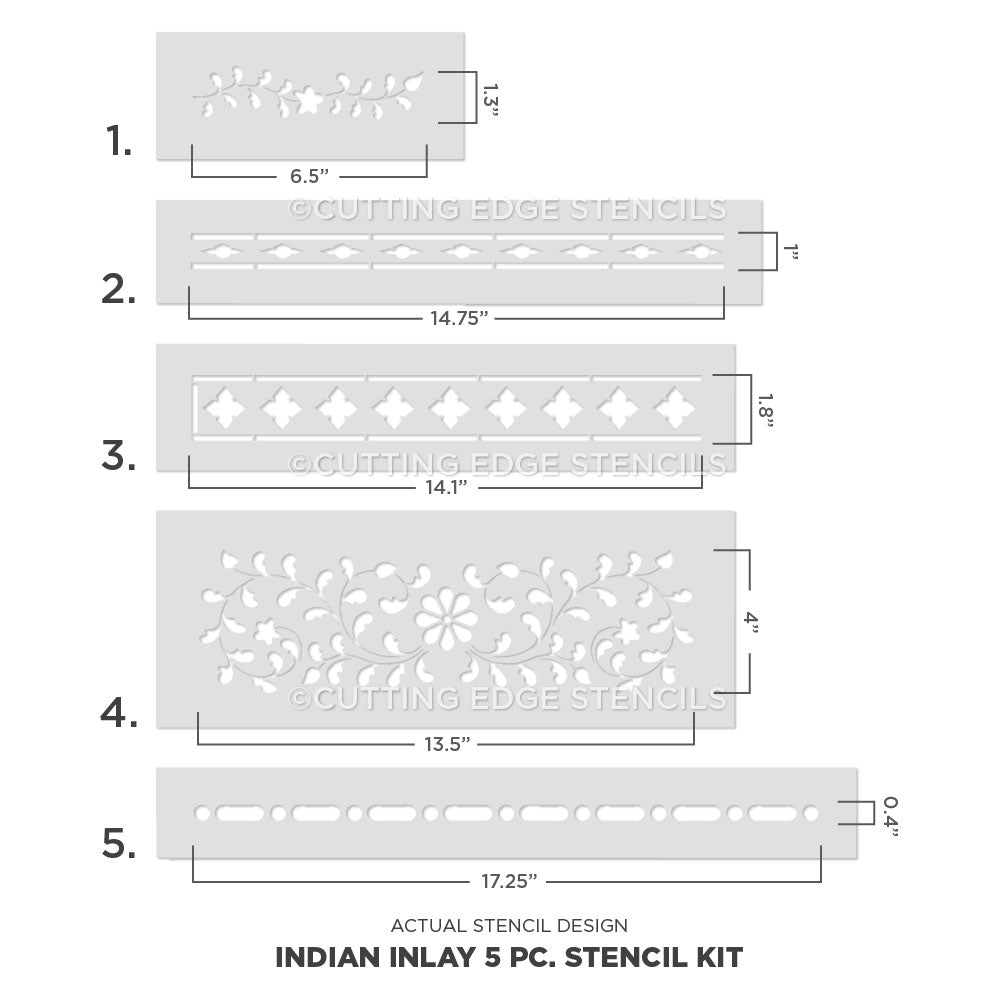 5-piece stencil kit with measurements and design details on a white background