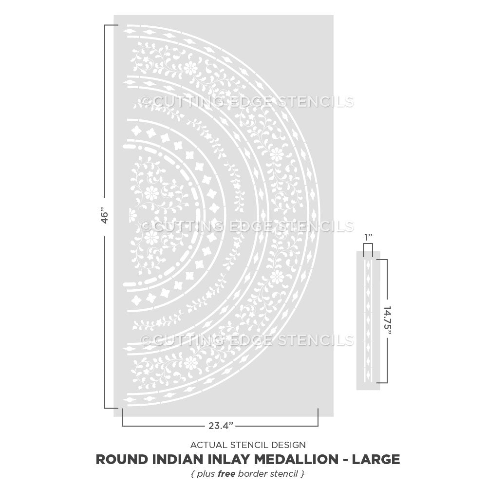 Round Indian Inlay Medallion stencil with dimensions on a white background