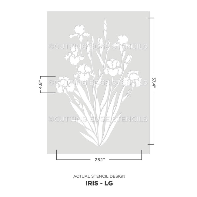 A stencil design preview for an iris floral stencil, showing a white iris bouquet outline on a light gray rectangular stencil sheet with dimension markers indicating 25.1 inches wide by 37.