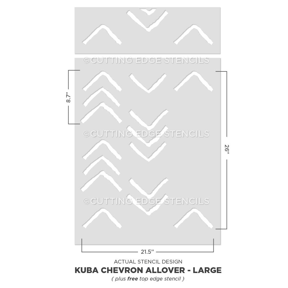 Kuba Chevron Allover stencil by Cutting Edge Stencils with dimensions on a white background