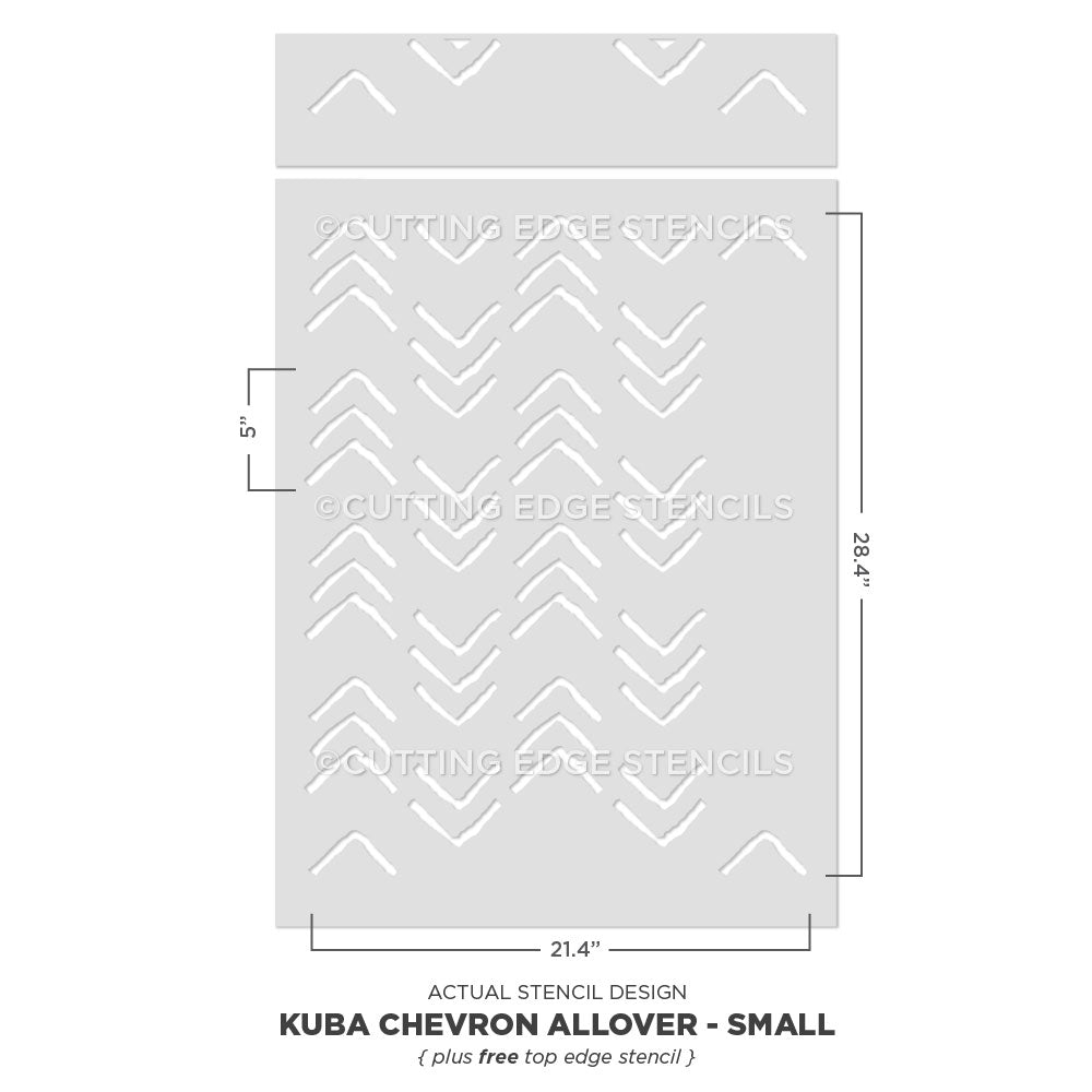 Kuba Chevron Allover stencil by Cutting Edge Stencils with dimensions on a white background