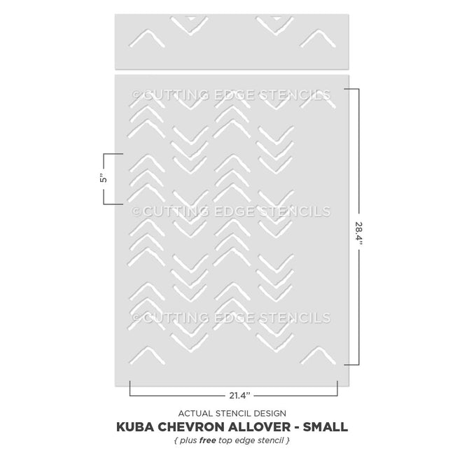 Kuba Chevron Allover stencil by Cutting Edge Stencils with dimensions on a white background