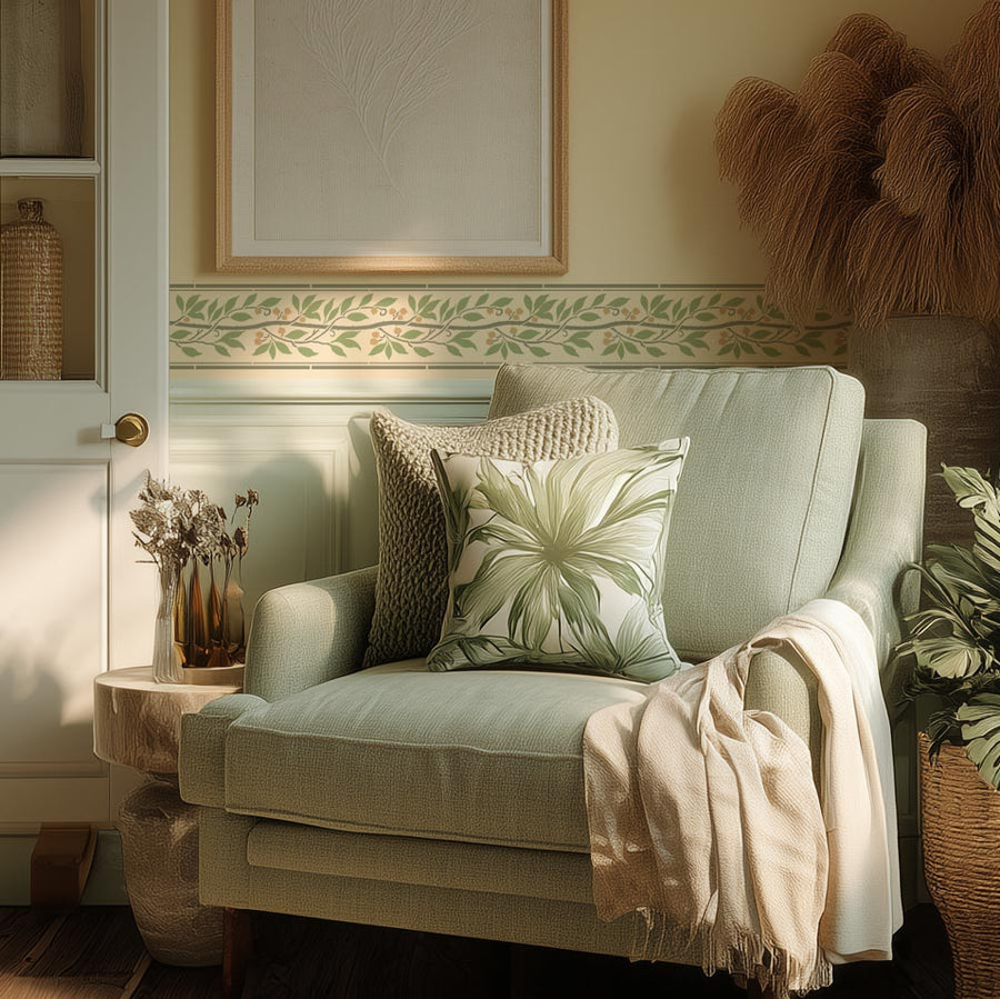 green stenciled border in cottage style with Light green armchair and pillows in a living room