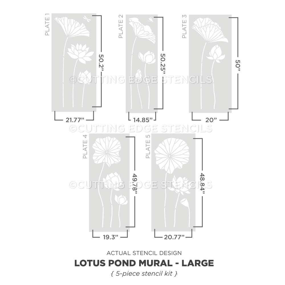 A product information graphic for a lotus pond mural stencil kit, showing five stencil plates labeled Plate 1 through Plate 5 with dimensions, plus text reading 'LOTUS POND MURAL - LARGE' and '{ 5-piece stencil kit }'. The stencils feature white lotus flower and leaf designs on light gray rectangular backgrounds, with a faint watermark across the image.