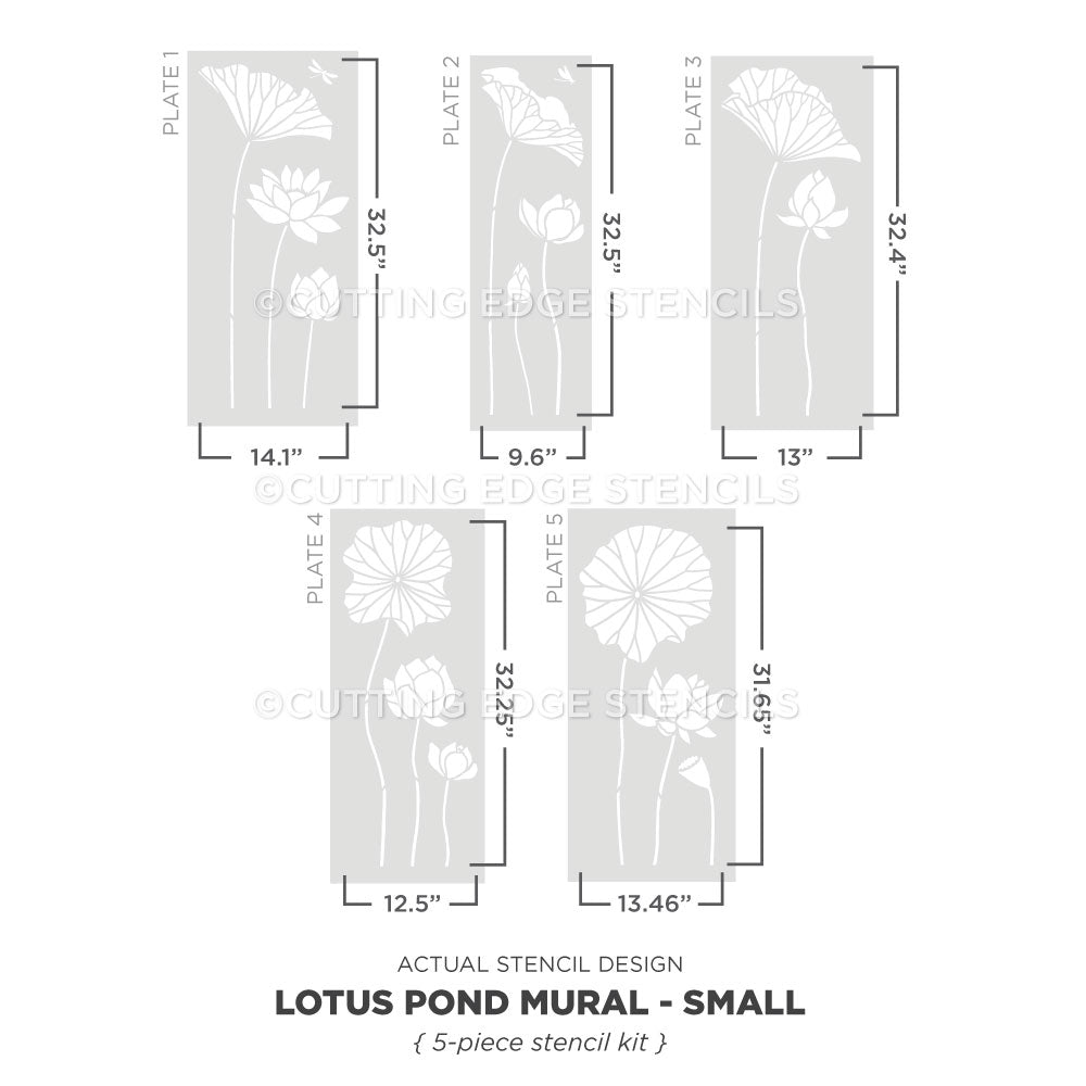 A product diagram showing five stencil plate designs for a lotus pond mural, labeled Plate 1 through Plate 5, with dimensions in inches and text reading 'LOTUS POND MURAL - SMALL' and '5-piece stencil kit'.
