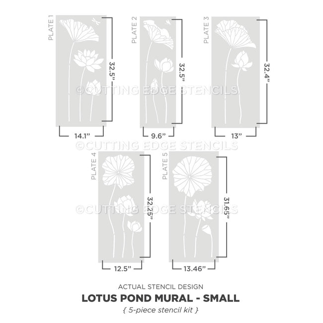 A product diagram showing five stencil plate designs for a lotus pond mural, labeled Plate 1 through Plate 5, with dimensions in inches and text reading 'LOTUS POND MURAL - SMALL' and '5-piece stencil kit'.